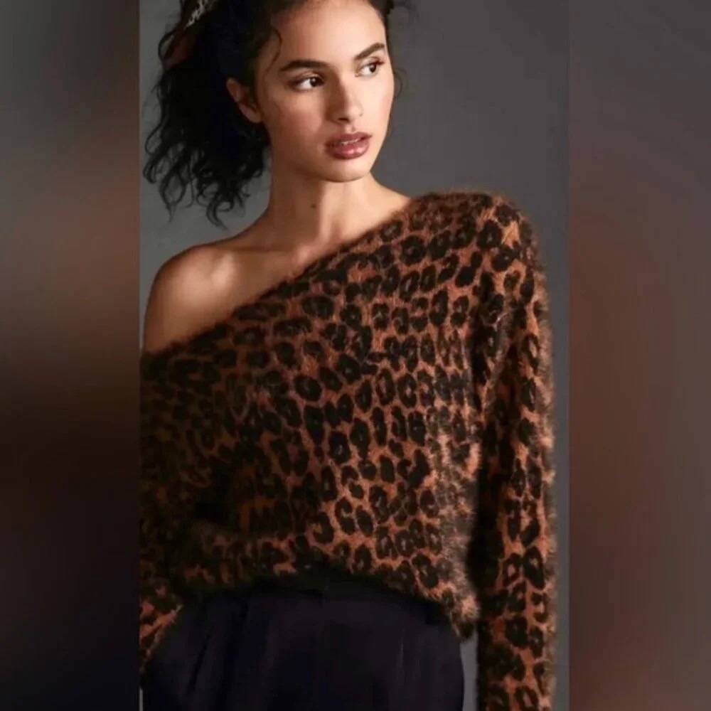 Pilcro Anthropologie Leopard Print Eyelash Knit Cropped Sweater Womens Large